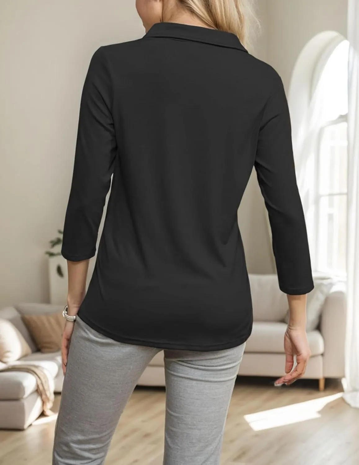 3/4 Sleeve V Neck Polo Shirts for Women Plus Size Casual Loose Fit T-Shirt Trendy Comfy Cute Blouse with Collar