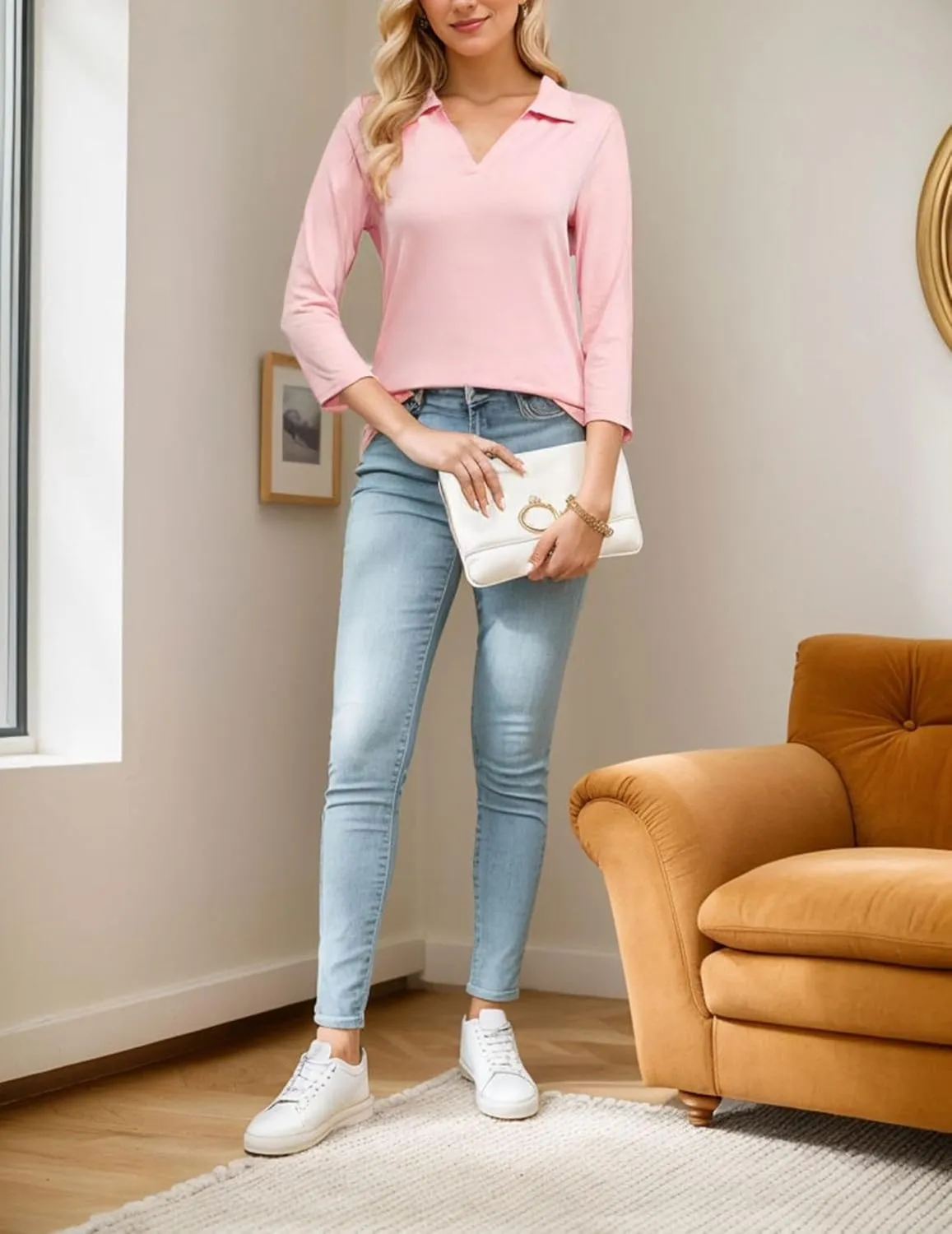 3/4 Sleeve V Neck Polo Shirts for Women Plus Size Casual Loose Fit T-Shirt Trendy Comfy Cute Blouse with Collar