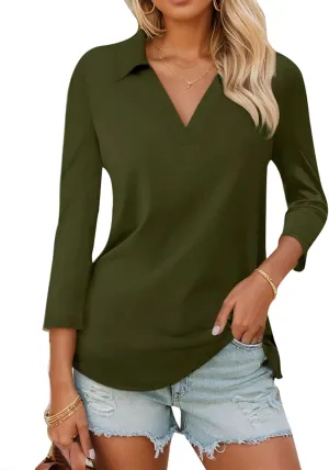 3/4 Sleeve V Neck Polo Shirts for Women Plus Size Casual Loose Fit T-Shirt Trendy Comfy Cute Blouse with Collar