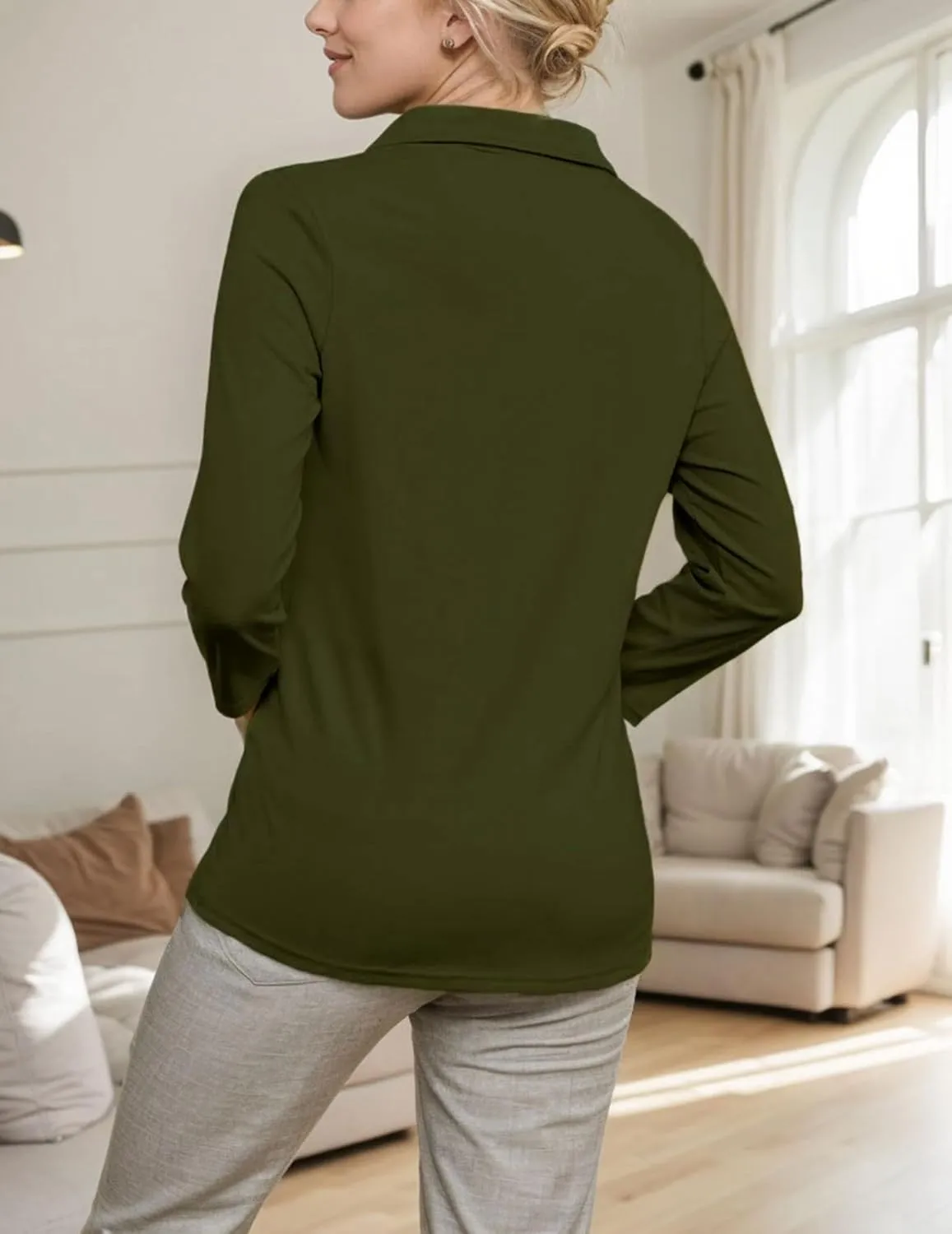 3/4 Sleeve V Neck Polo Shirts for Women Plus Size Casual Loose Fit T-Shirt Trendy Comfy Cute Blouse with Collar