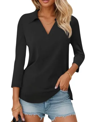 3/4 Sleeve V Neck Polo Shirts for Women Plus Size Casual Loose Fit T-Shirt Trendy Comfy Cute Blouse with Collar