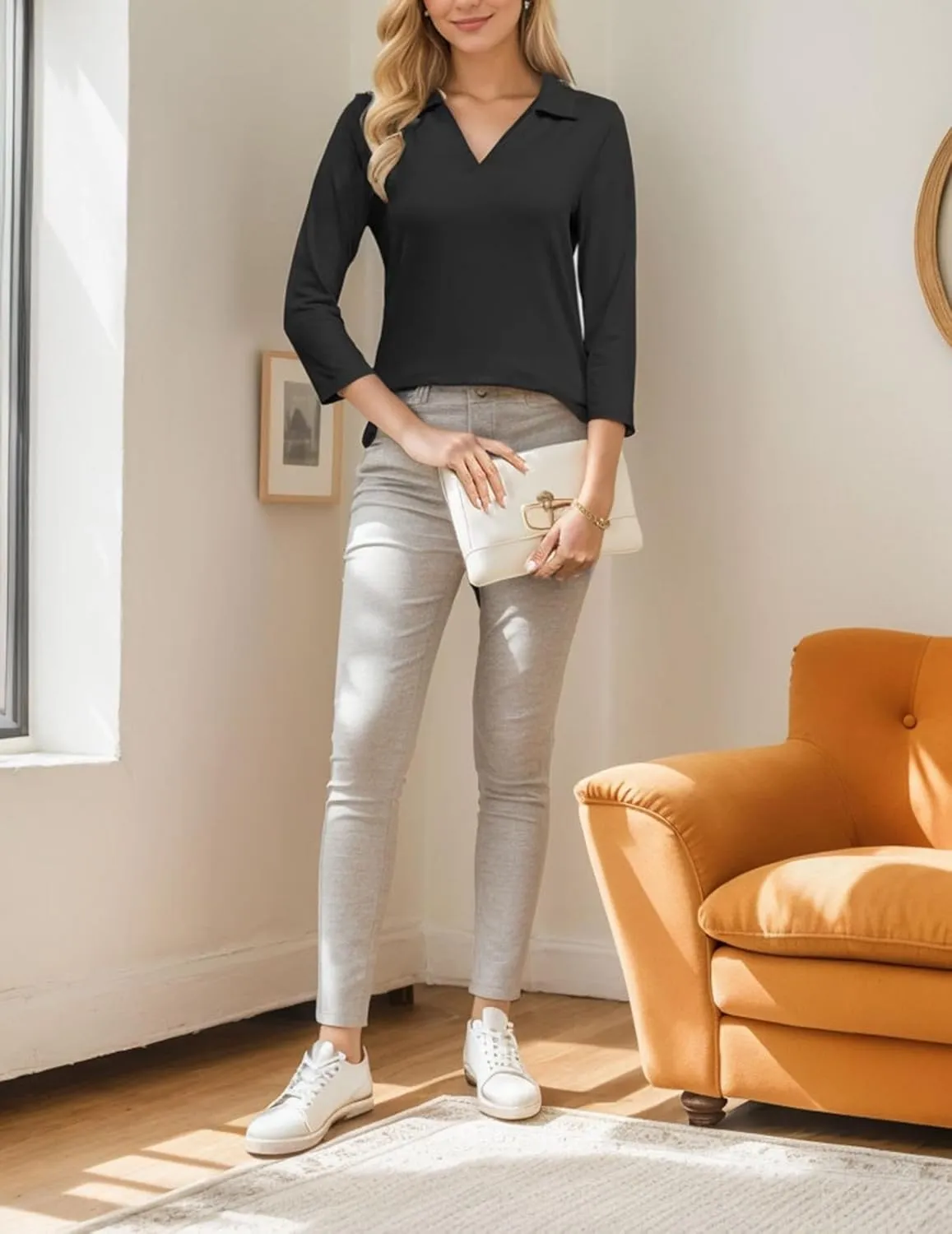 3/4 Sleeve V Neck Polo Shirts for Women Plus Size Casual Loose Fit T-Shirt Trendy Comfy Cute Blouse with Collar