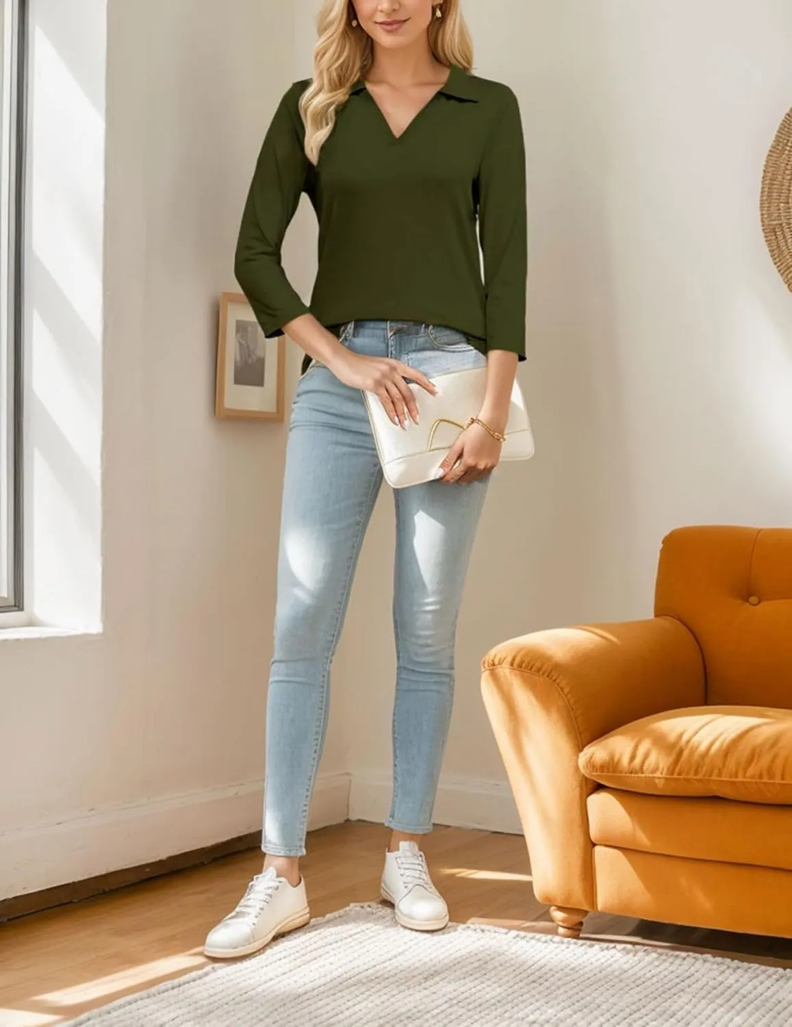 3/4 Sleeve V Neck Polo Shirts for Women Plus Size Casual Loose Fit T-Shirt Trendy Comfy Cute Blouse with Collar