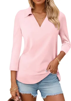 3/4 Sleeve V Neck Polo Shirts for Women Plus Size Casual Loose Fit T-Shirt Trendy Comfy Cute Blouse with Collar