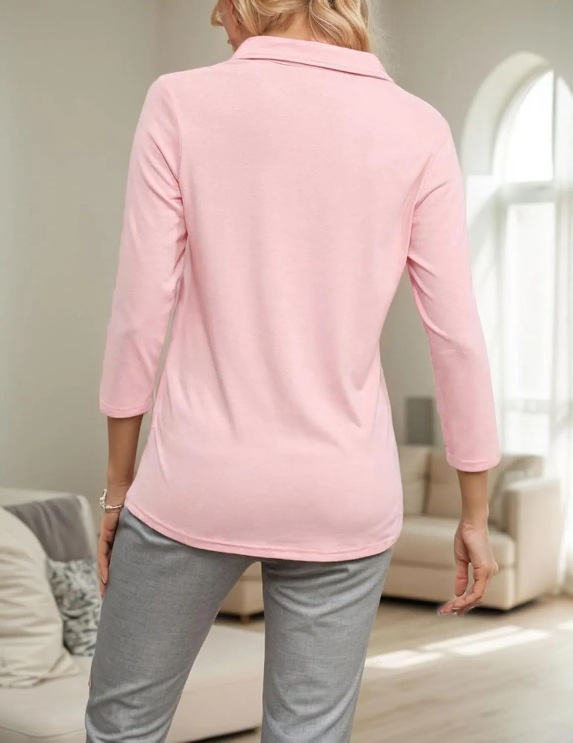 3/4 Sleeve V Neck Polo Shirts for Women Plus Size Casual Loose Fit T-Shirt Trendy Comfy Cute Blouse with Collar