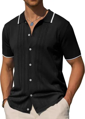 Alimens & Gentle Mens Shirts Casual Button Down Shirts Beach Vintage Knit Short Sleeve Polo Shirt for Men
