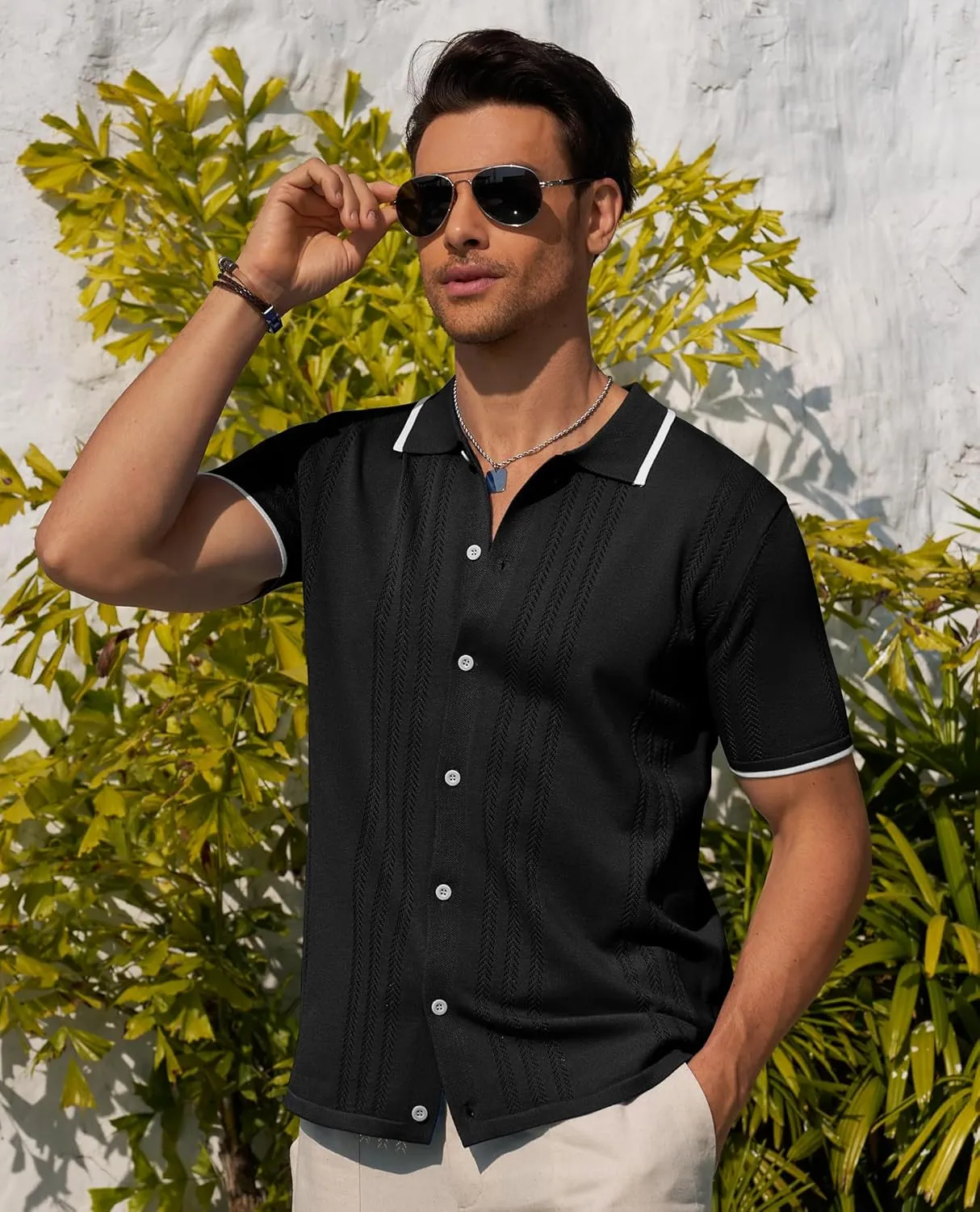 Alimens & Gentle Mens Shirts Casual Button Down Shirts Beach Vintage Knit Short Sleeve Polo Shirt for Men
