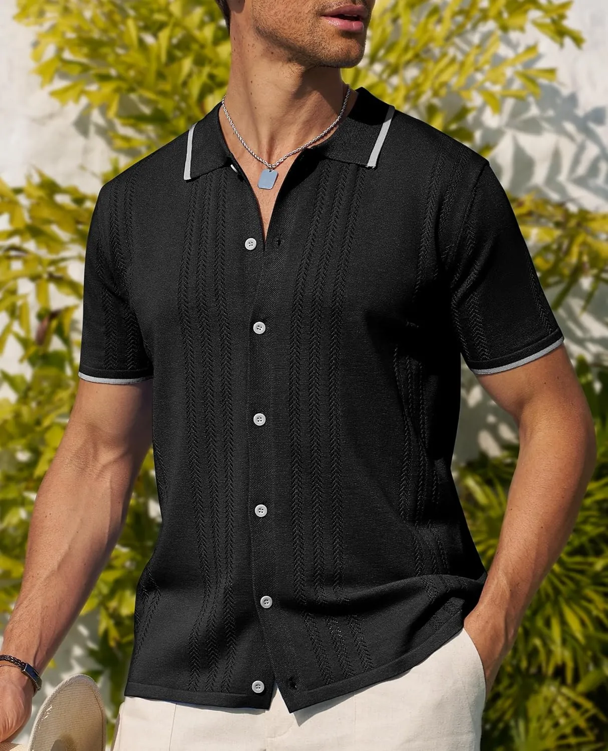 Alimens & Gentle Mens Shirts Casual Button Down Shirts Beach Vintage Knit Short Sleeve Polo Shirt for Men