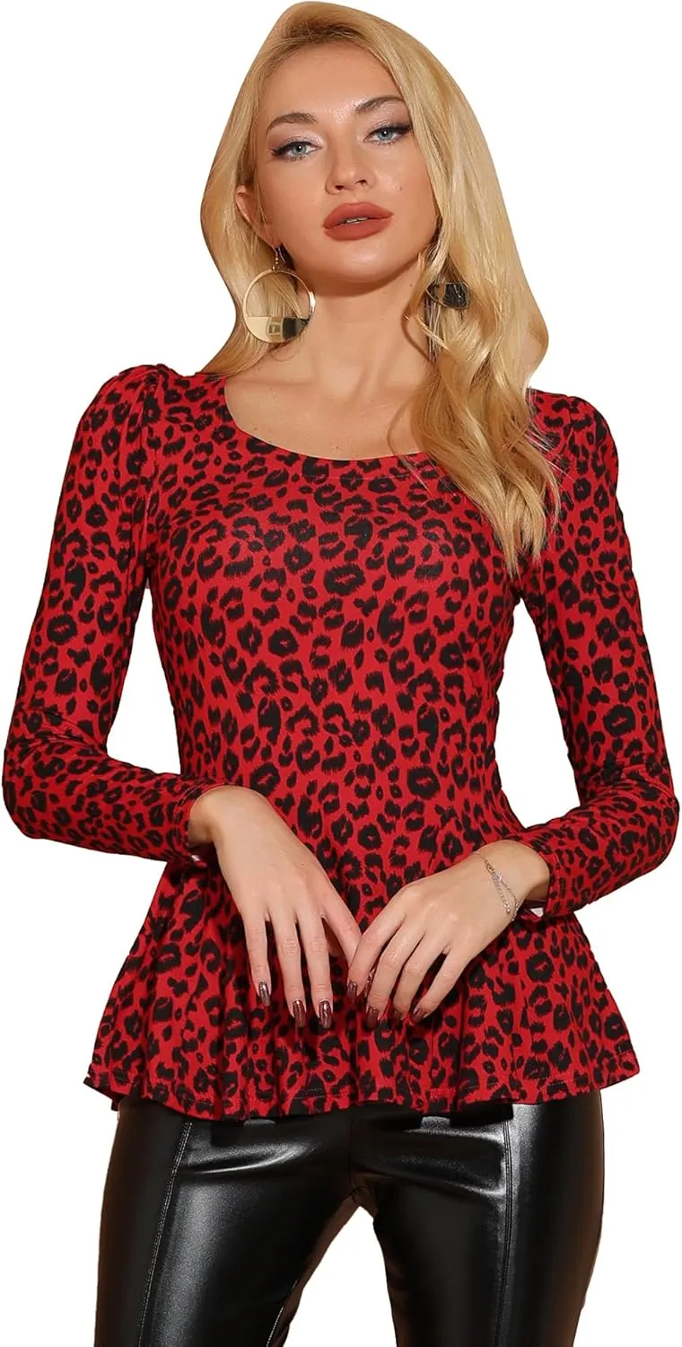 Allegra K Women's Animal Print Long Sleeve Ruffle Hem Scoop Neck Casual Peplum Top
