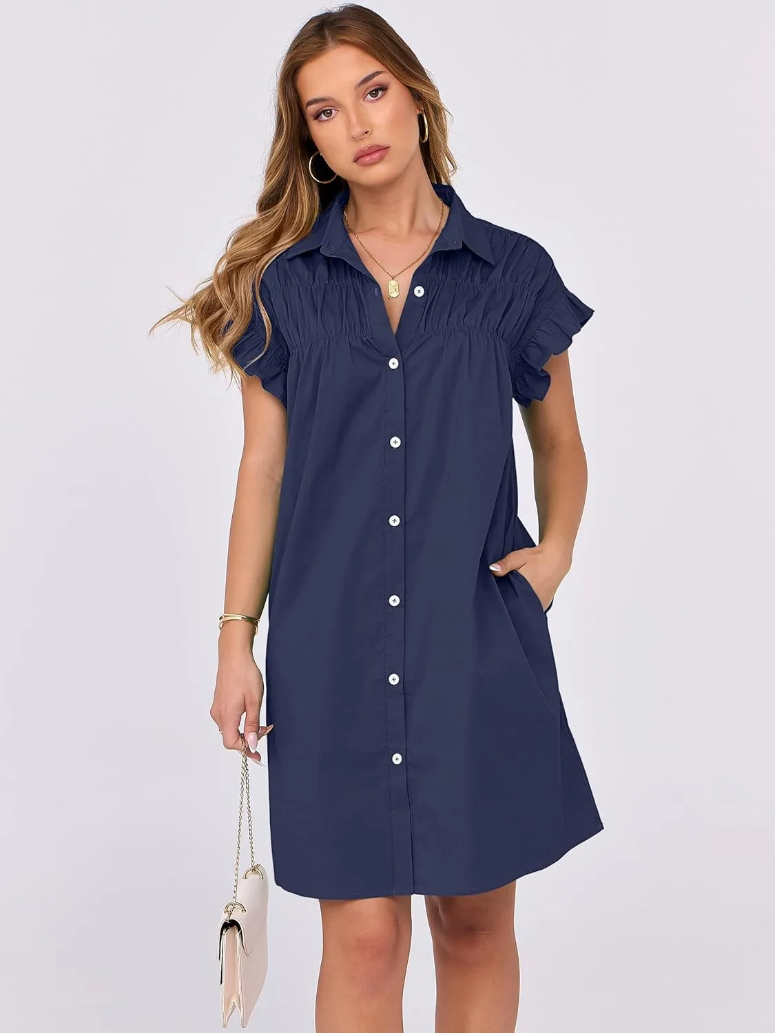 ANRABESS Womens Summer Button Down Shirt Dress Ruffle Short Sleeve Mini Dresses Loose Fit Casual Sundress with Pockets