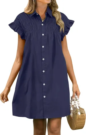 ANRABESS Womens Summer Button Down Shirt Dress Ruffle Short Sleeve Mini Dresses Loose Fit Casual Sundress with Pockets