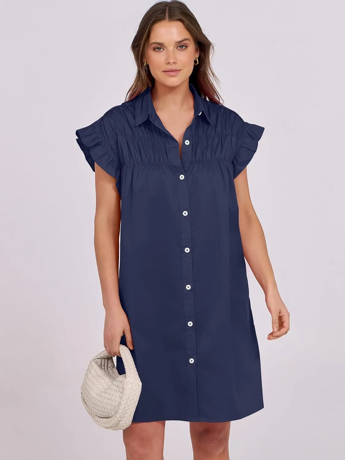 ANRABESS Womens Summer Button Down Shirt Dress Ruffle Short Sleeve Mini Dresses Loose Fit Casual Sundress with Pockets