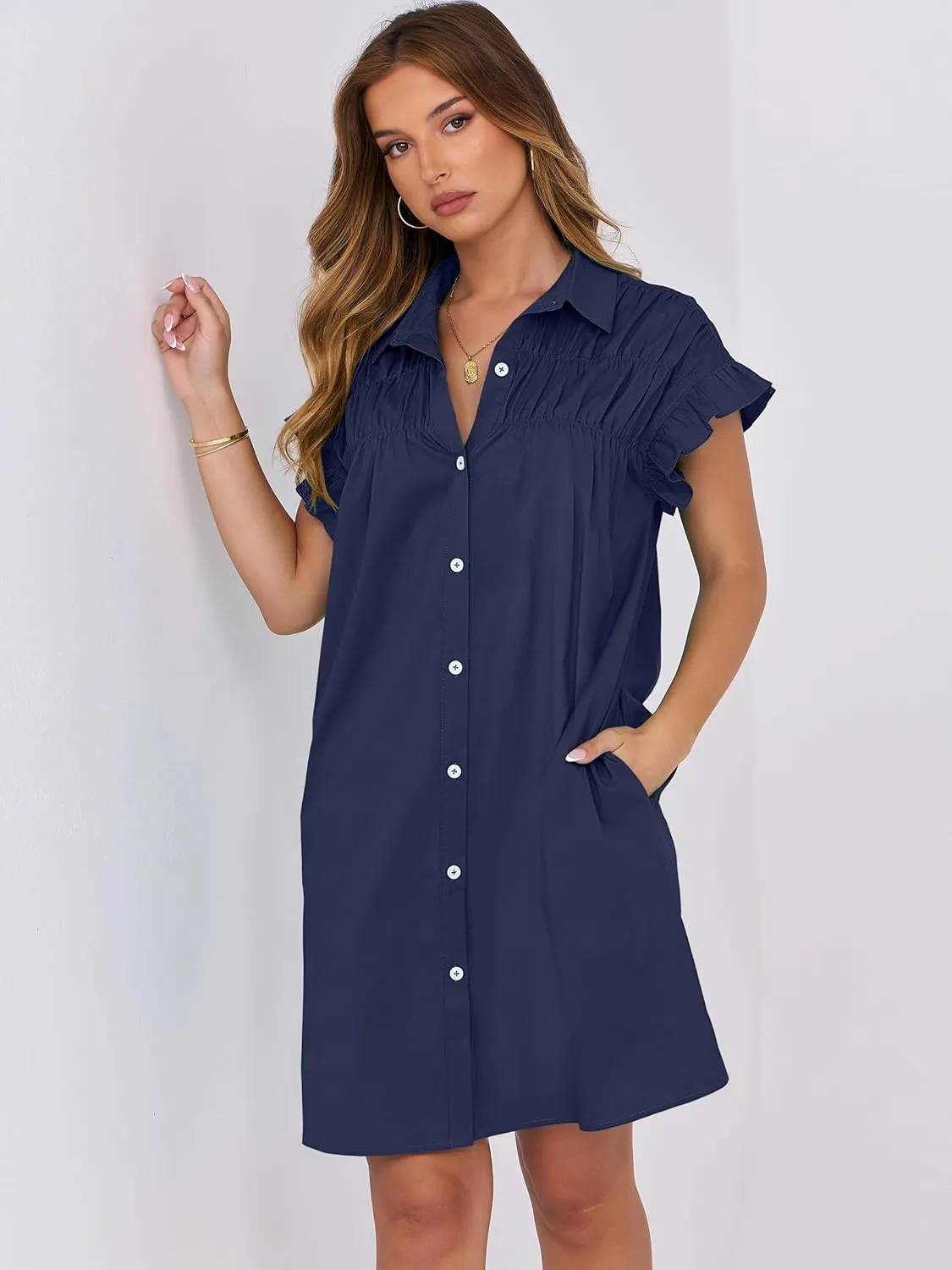 ANRABESS Womens Summer Button Down Shirt Dress Ruffle Short Sleeve Mini Dresses Loose Fit Casual Sundress with Pockets