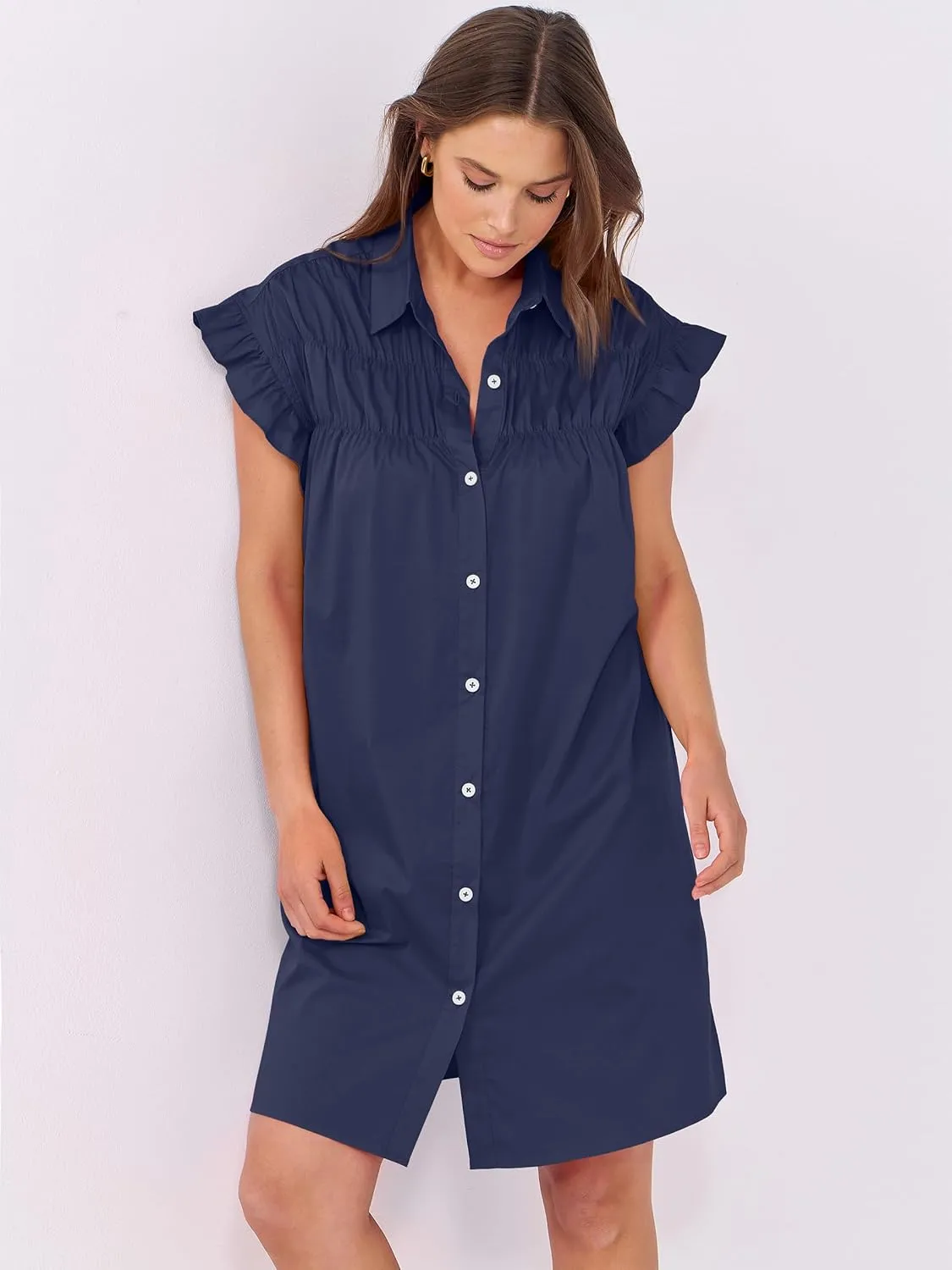 ANRABESS Womens Summer Button Down Shirt Dress Ruffle Short Sleeve Mini Dresses Loose Fit Casual Sundress with Pockets