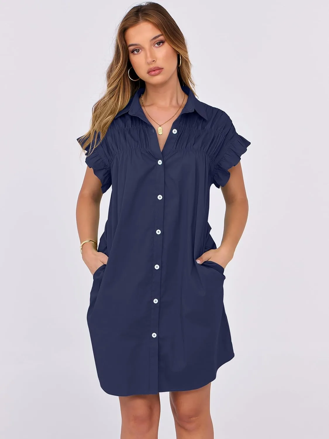 ANRABESS Womens Summer Button Down Shirt Dress Ruffle Short Sleeve Mini Dresses Loose Fit Casual Sundress with Pockets