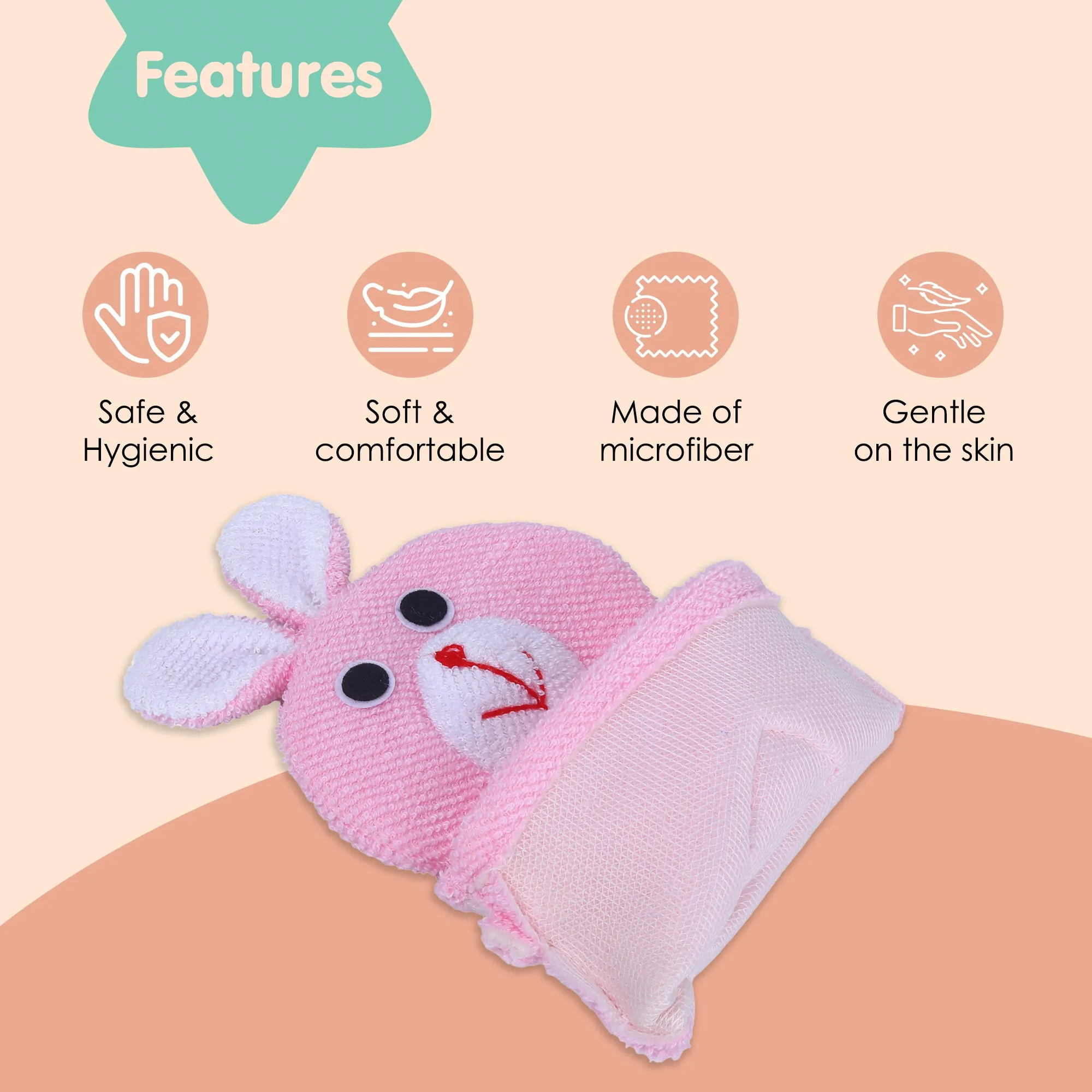 Baby Moo Naughty Rabbit Bath Time Fun Hand Puppet Loofah Bath Glove - Pink