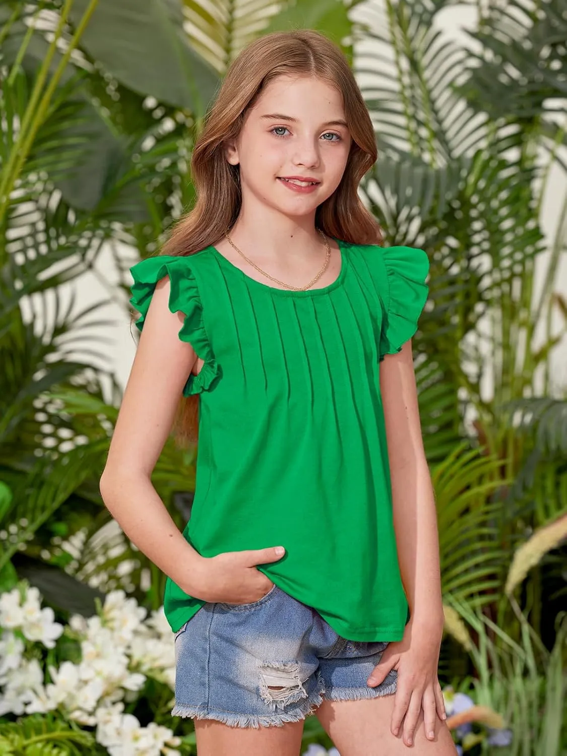 BesserBay Girls Summer Flutter Sleeve Crew Neck Pleated Front Tops Solid Shirred Casual Loose Fit Shirts 5-14 Years