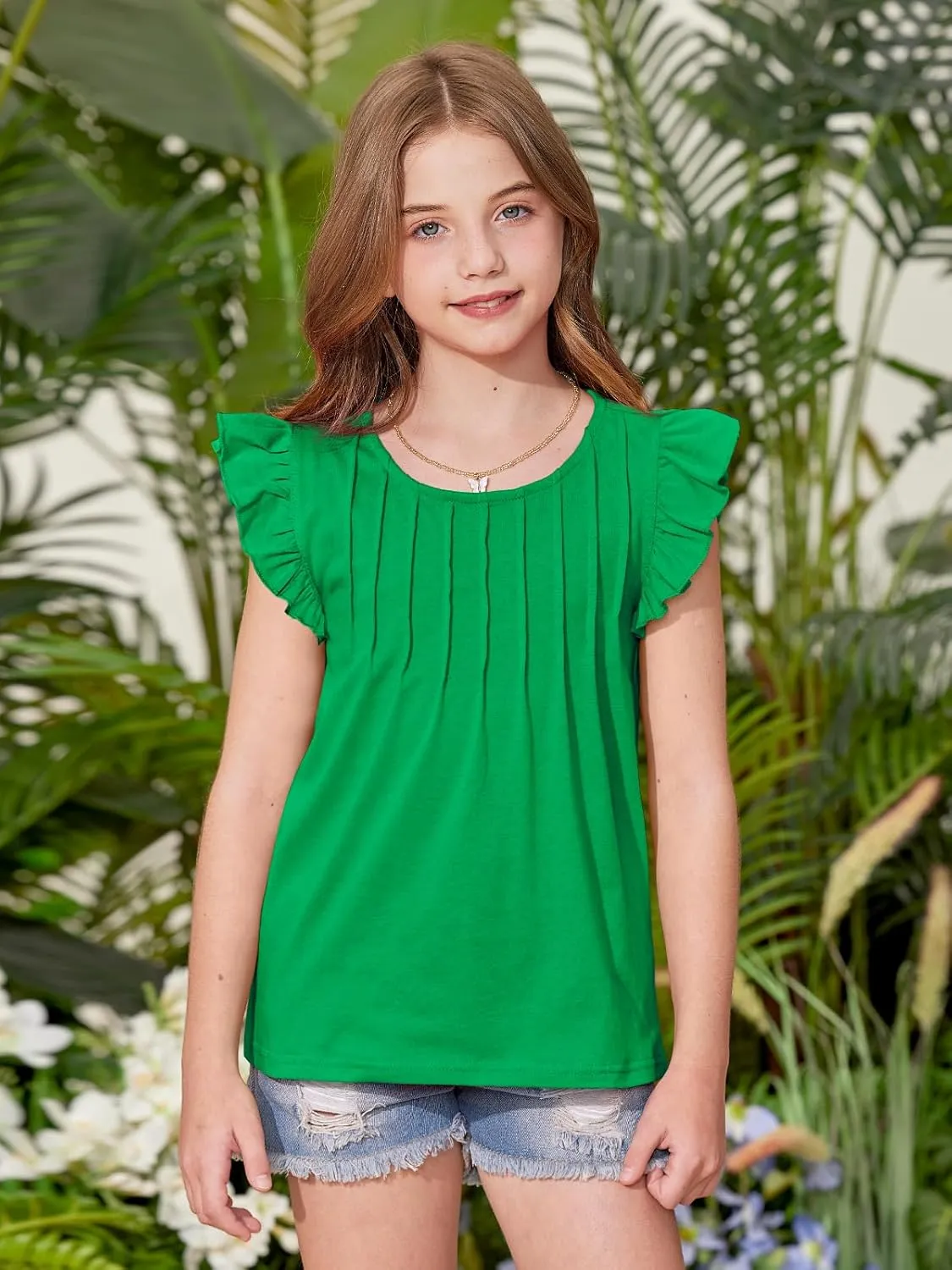 BesserBay Girls Summer Flutter Sleeve Crew Neck Pleated Front Tops Solid Shirred Casual Loose Fit Shirts 5-14 Years