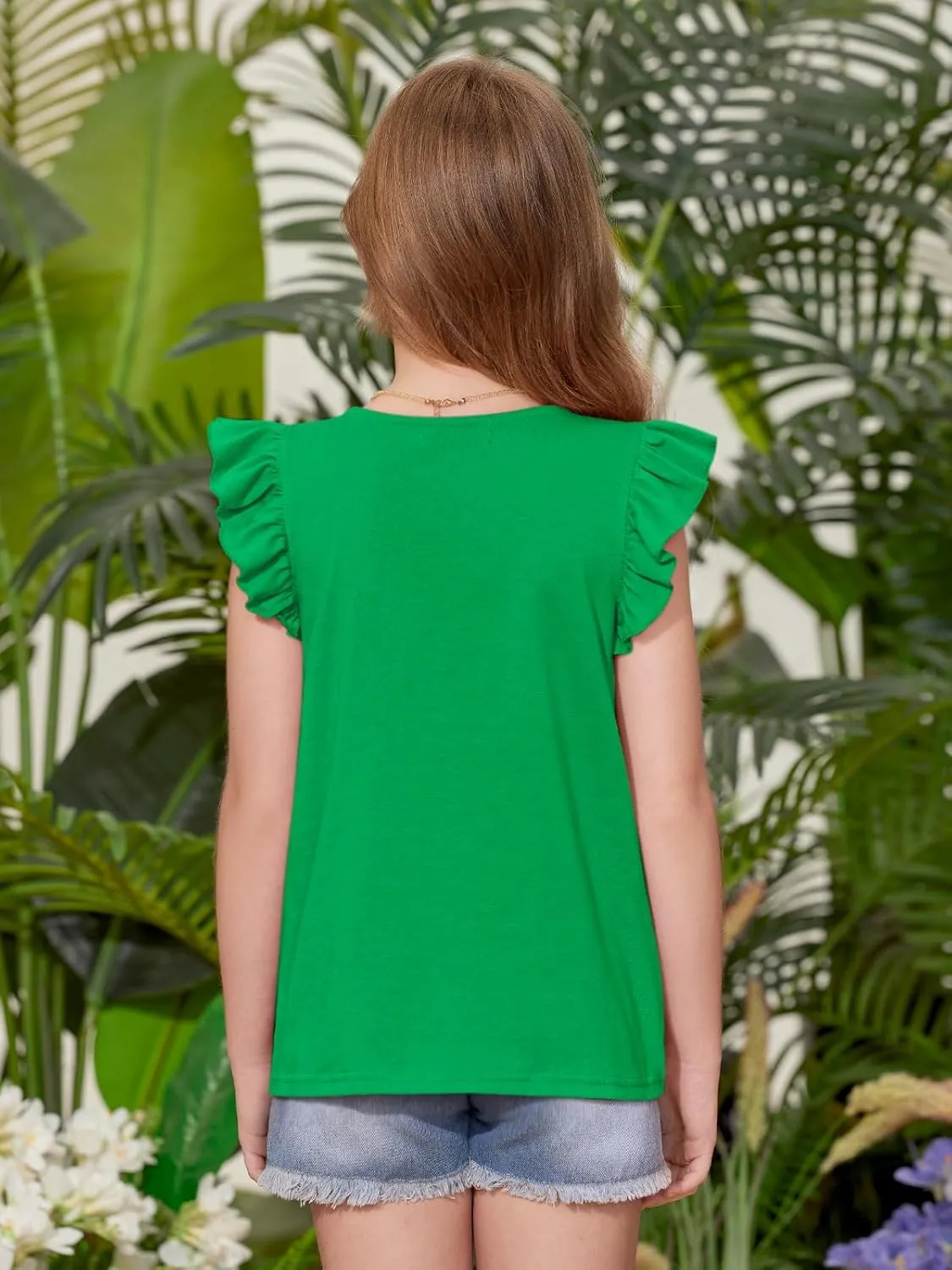 BesserBay Girls Summer Flutter Sleeve Crew Neck Pleated Front Tops Solid Shirred Casual Loose Fit Shirts 5-14 Years