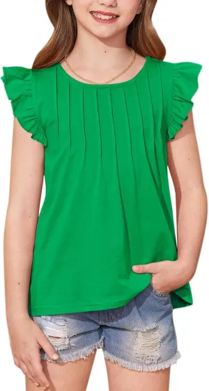 BesserBay Girls Summer Flutter Sleeve Crew Neck Pleated Front Tops Solid Shirred Casual Loose Fit Shirts 5-14 Years