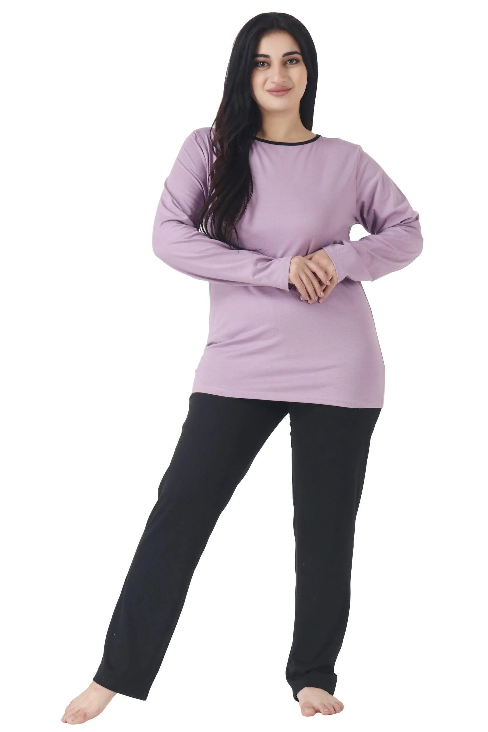 Black Solid Pyjamas with Contrast Top Night Suit Set-Purple & Black