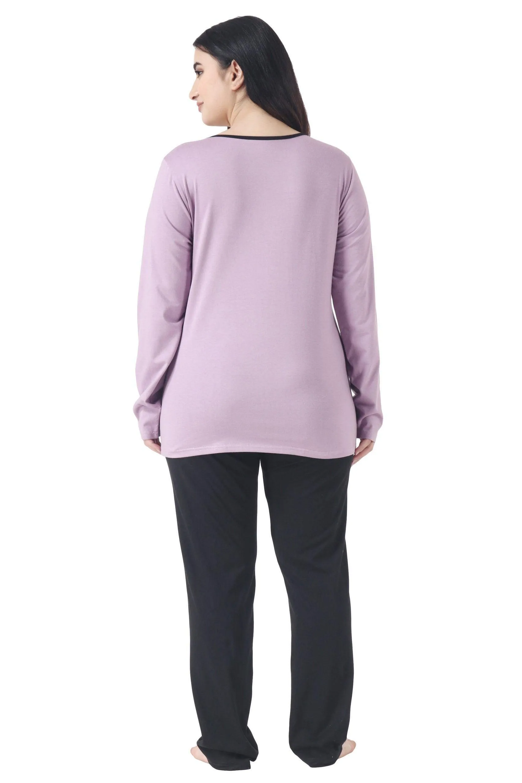 Black Solid Pyjamas with Contrast Top Night Suit Set-Purple & Black