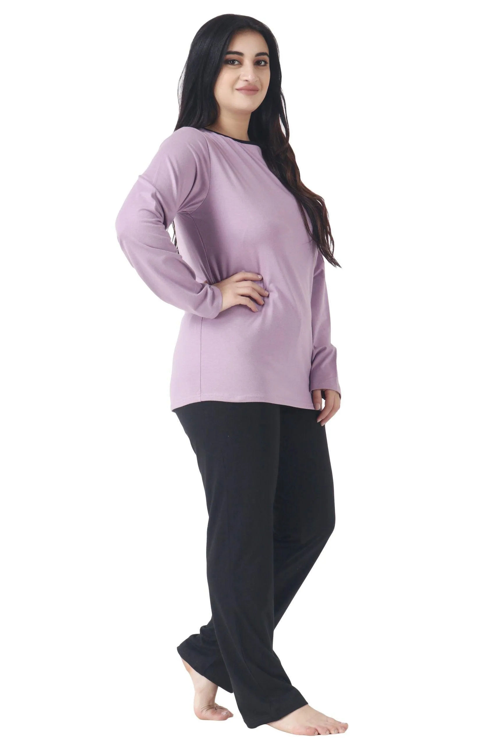 Black Solid Pyjamas with Contrast Top Night Suit Set-Purple & Black
