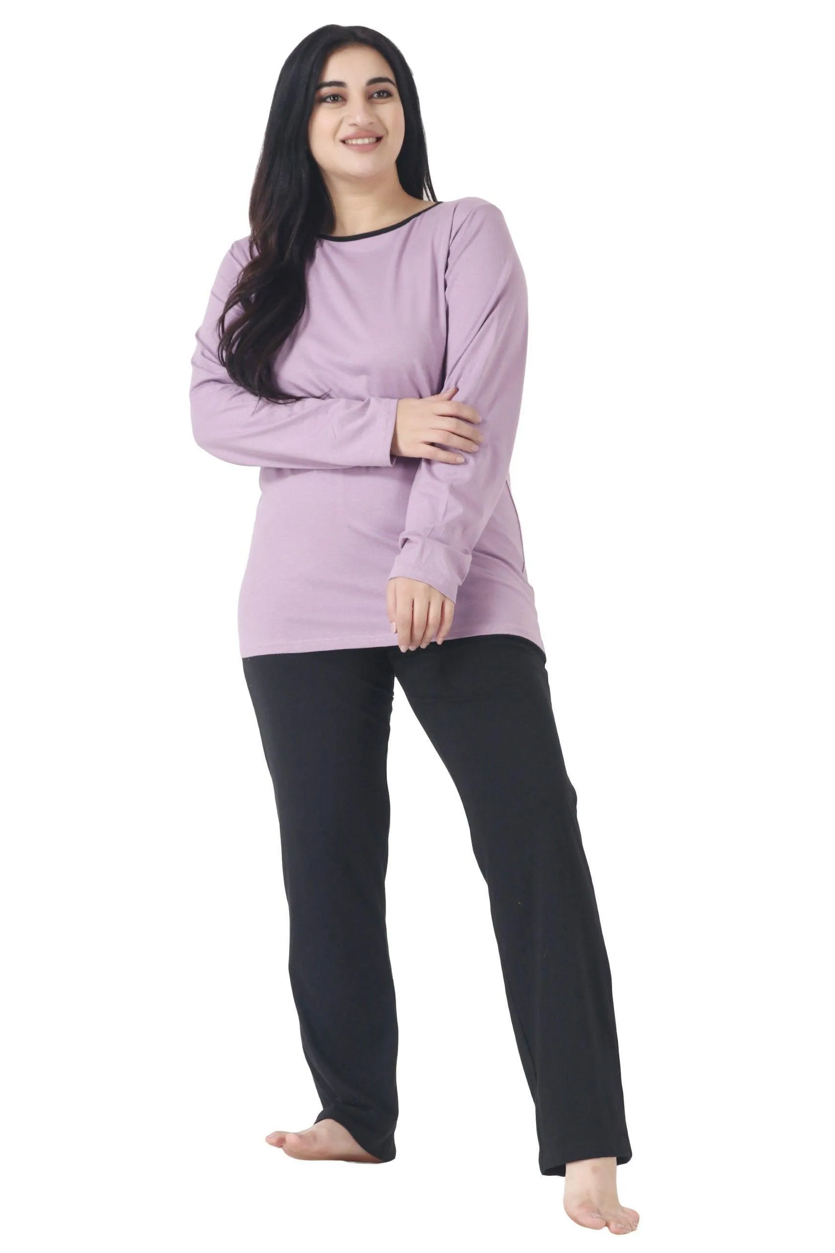 Black Solid Pyjamas with Contrast Top Night Suit Set-Purple & Black