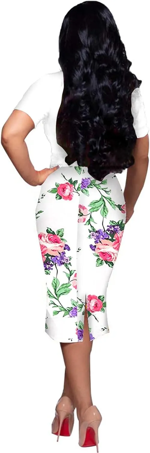 BOGURST Women Midi Bodycon Dress Work Casual Cute Floral Prints Pencil Dresses