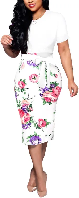 BOGURST Women Midi Bodycon Dress Work Casual Cute Floral Prints Pencil Dresses