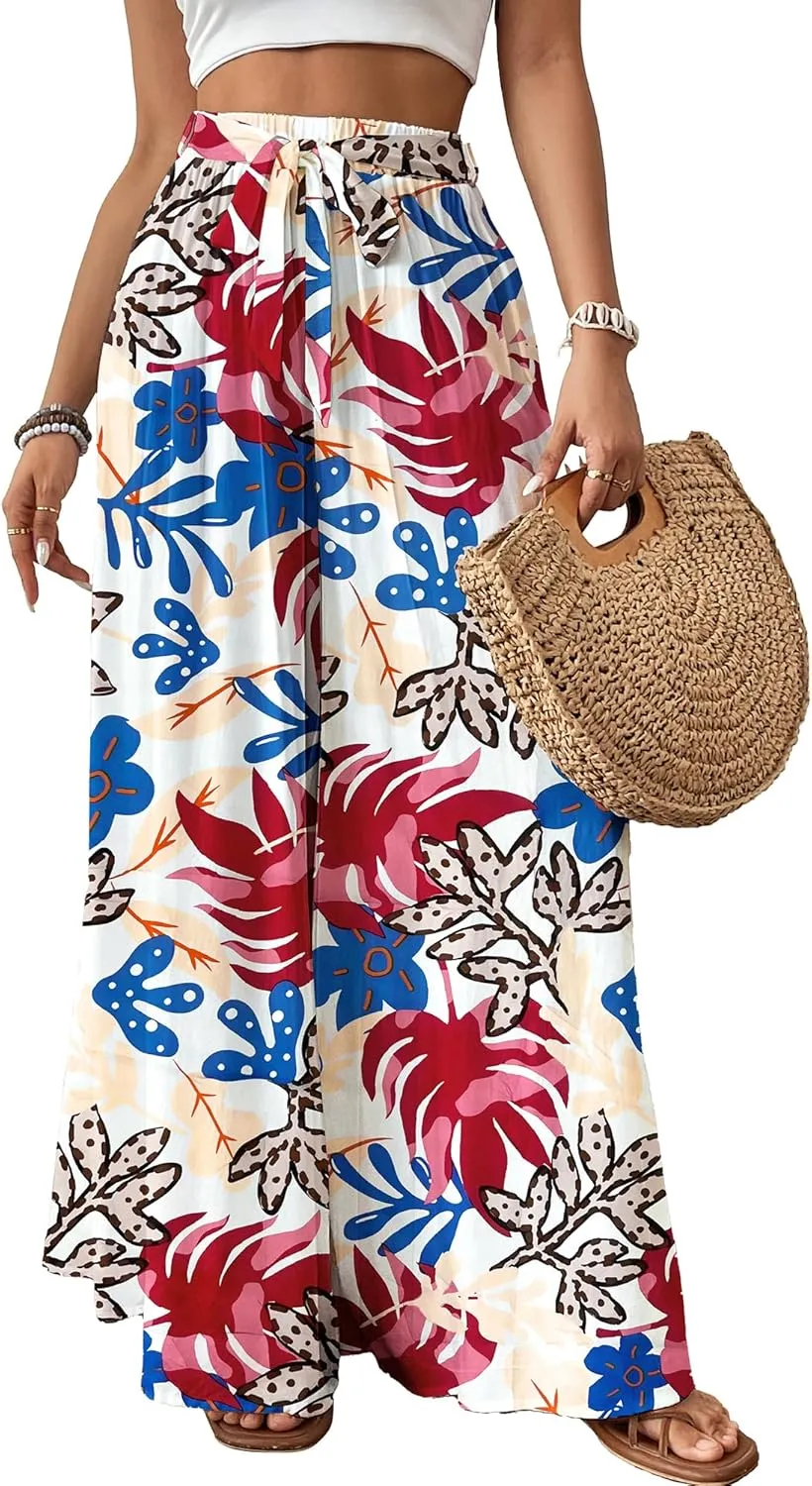 Bsubseach Wide Leg Pants Woman Flowy Floral Palazzo Pants for Women High Waisted Summer Casual Trousers Cruise Outfits Colorful