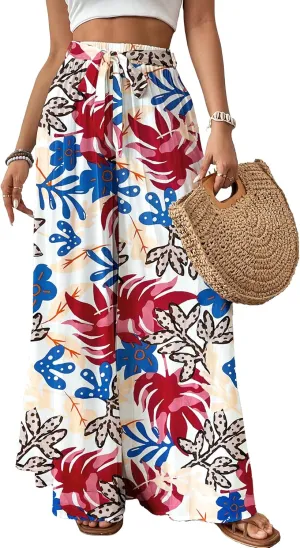 Bsubseach Wide Leg Pants Woman Flowy Floral Palazzo Pants for Women High Waisted Summer Casual Trousers Cruise Outfits Colorful
