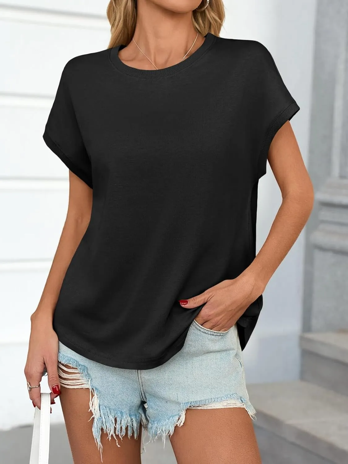 Cicy Bell Womens Summer Cap Sleeve T-Shirts Casual Loose Fit Tunic Tops Crew Neck Tee Shirts