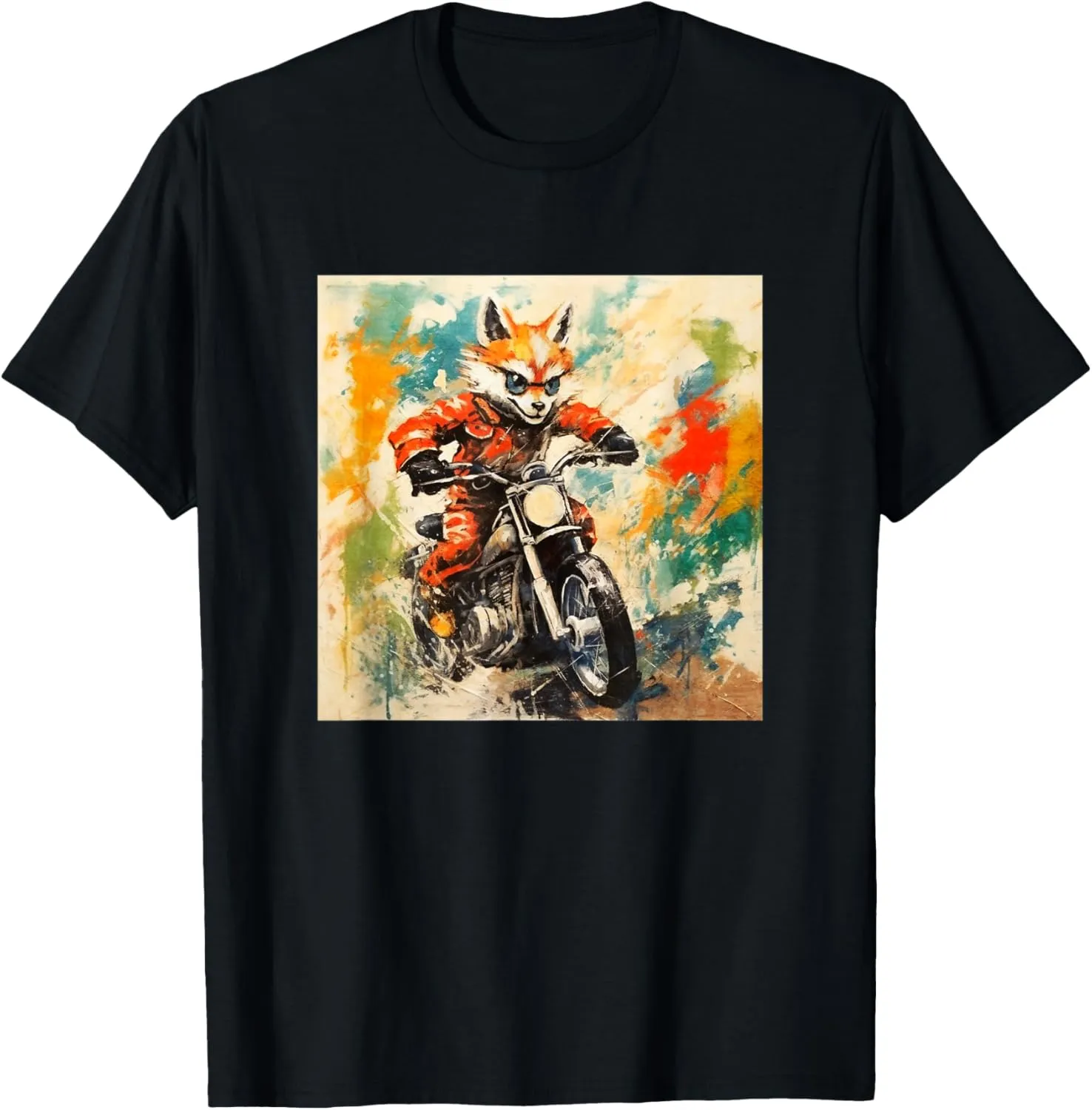 Colorful Artistic Sketch Oil Painting Of A Fox & Motorcycle T-Shirt
