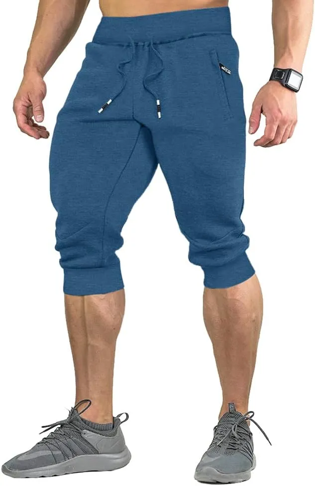 FASKUNOIE Men's Cotton Casual Shorts 3/4 Jogger Capri Pants Breathable Below Knee Short Pants with Three Pockets