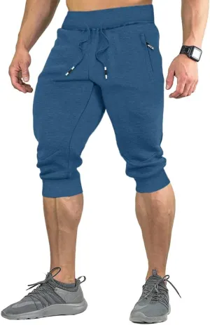 FASKUNOIE Men's Cotton Casual Shorts 3/4 Jogger Capri Pants Breathable Below Knee Short Pants with Three Pockets