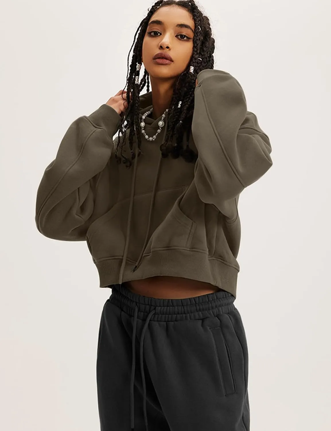 Flygo Womens Fleece Hoodie Sweatshirt Cropped Drawstring Hooded Crop Tops Pullover with Kangaroo Pocket