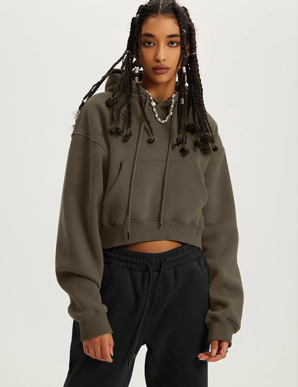 Flygo Womens Fleece Hoodie Sweatshirt Cropped Drawstring Hooded Crop Tops Pullover with Kangaroo Pocket