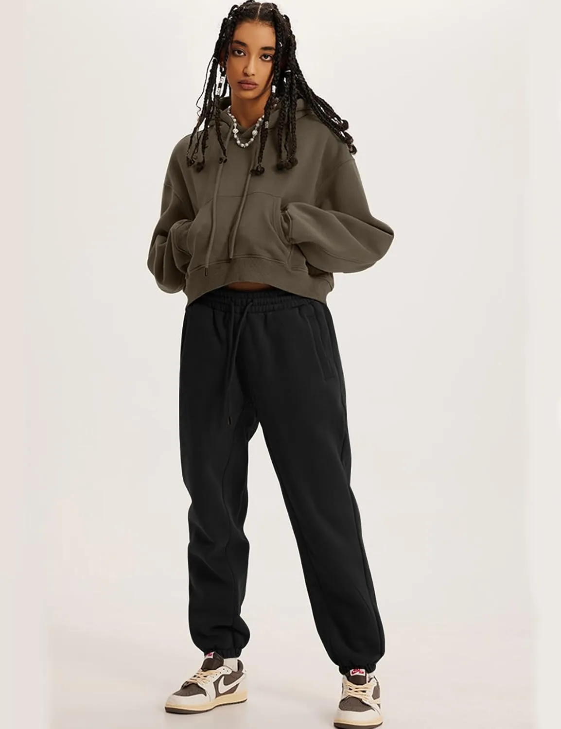 Flygo Womens Fleece Hoodie Sweatshirt Cropped Drawstring Hooded Crop Tops Pullover with Kangaroo Pocket