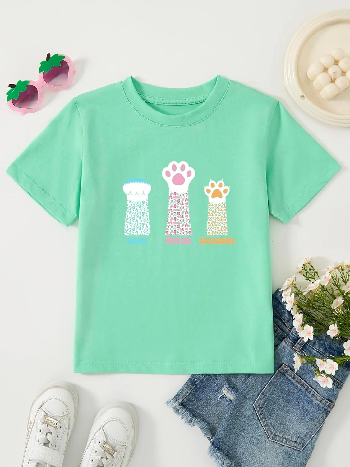 Girl's Rock Paper Scissors Cute Paw Funny Cat T-Shirt