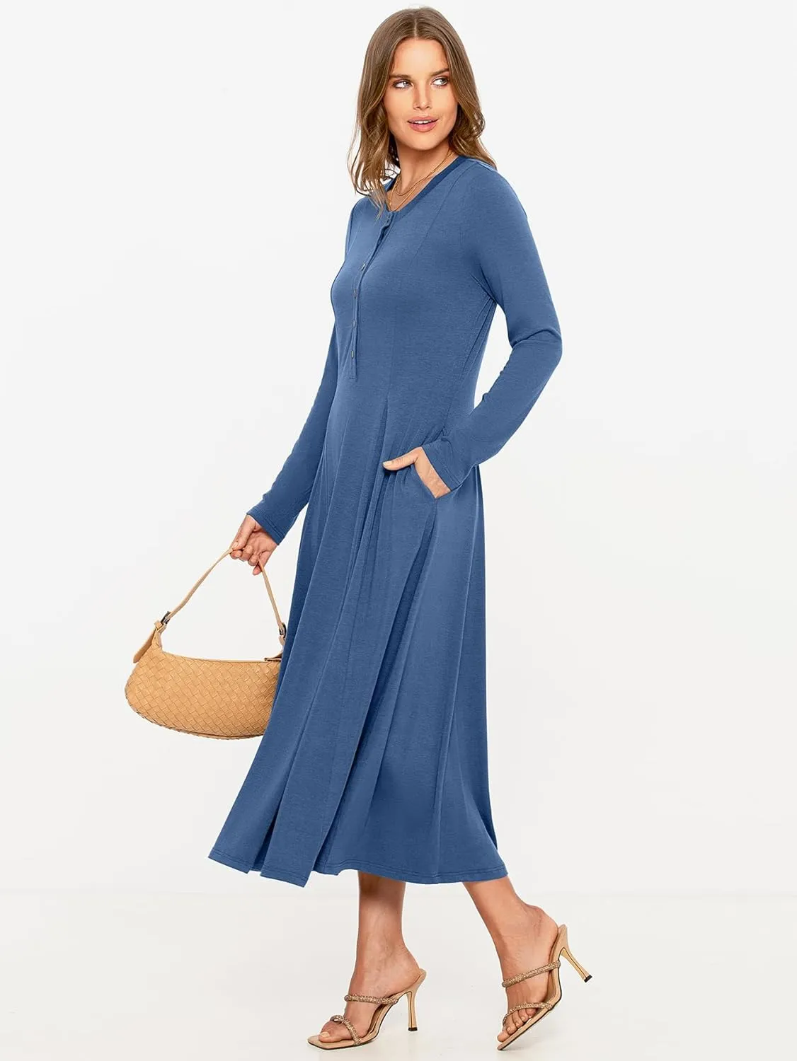 Glamaker Womens Casual Long Sleeve Maxi Dresses Crew Neck Button Down A line Flowy Dresses with Pockets