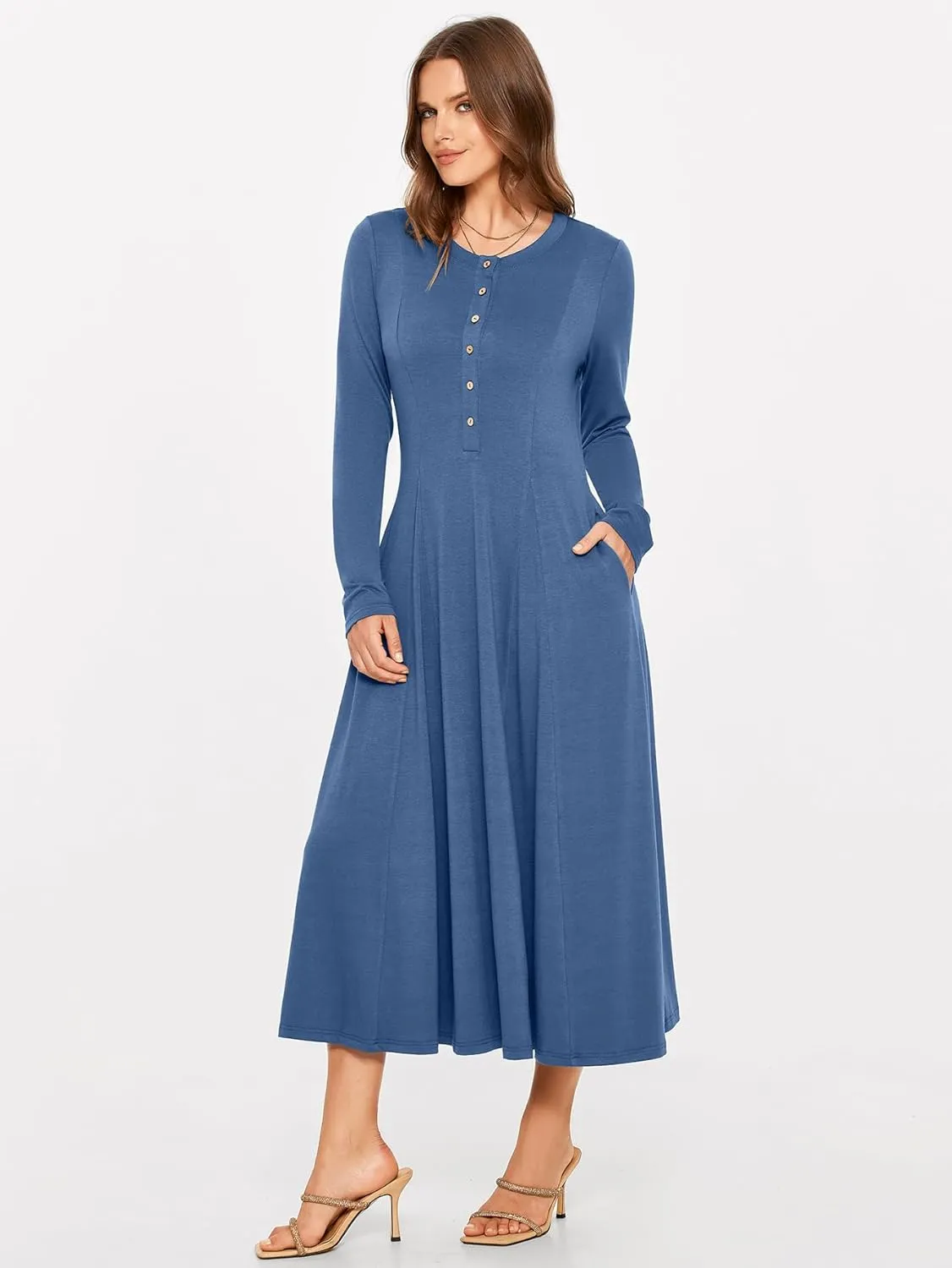 Glamaker Womens Casual Long Sleeve Maxi Dresses Crew Neck Button Down A line Flowy Dresses with Pockets