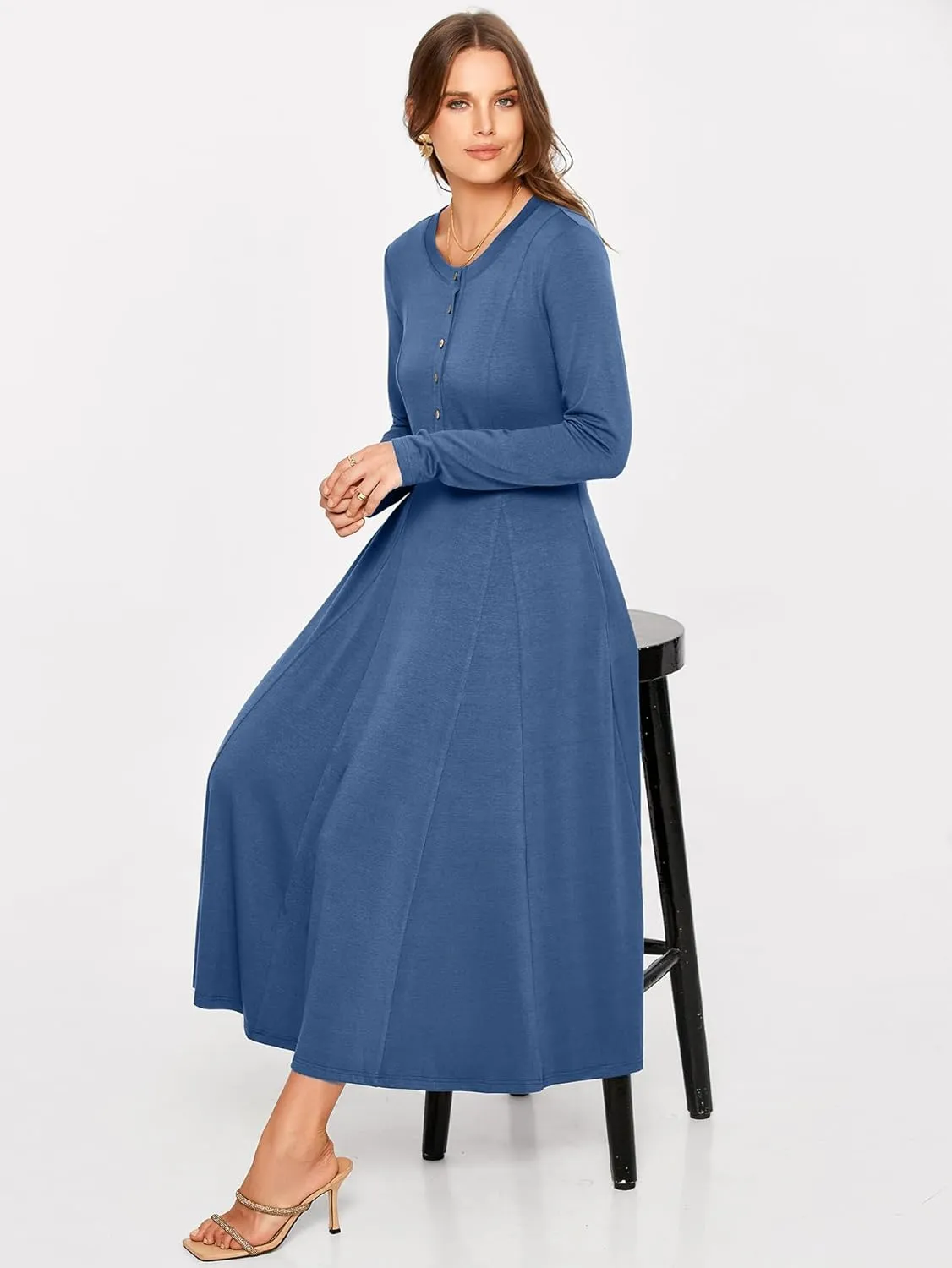 Glamaker Womens Casual Long Sleeve Maxi Dresses Crew Neck Button Down A line Flowy Dresses with Pockets