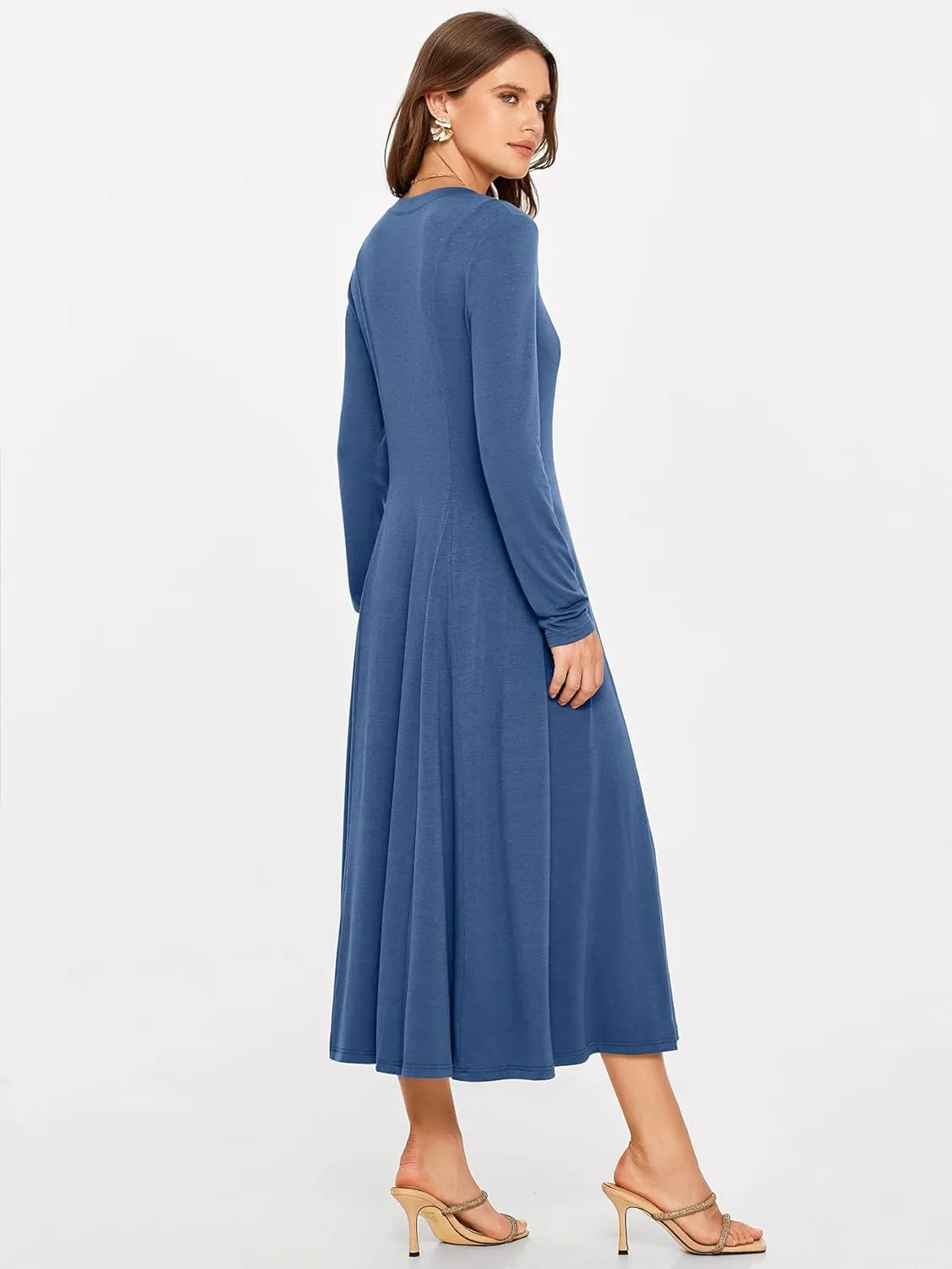 Glamaker Womens Casual Long Sleeve Maxi Dresses Crew Neck Button Down A line Flowy Dresses with Pockets