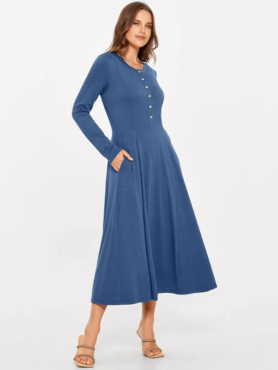 Glamaker Womens Casual Long Sleeve Maxi Dresses Crew Neck Button Down A line Flowy Dresses with Pockets