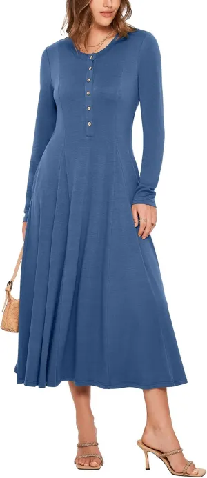 Glamaker Womens Casual Long Sleeve Maxi Dresses Crew Neck Button Down A line Flowy Dresses with Pockets