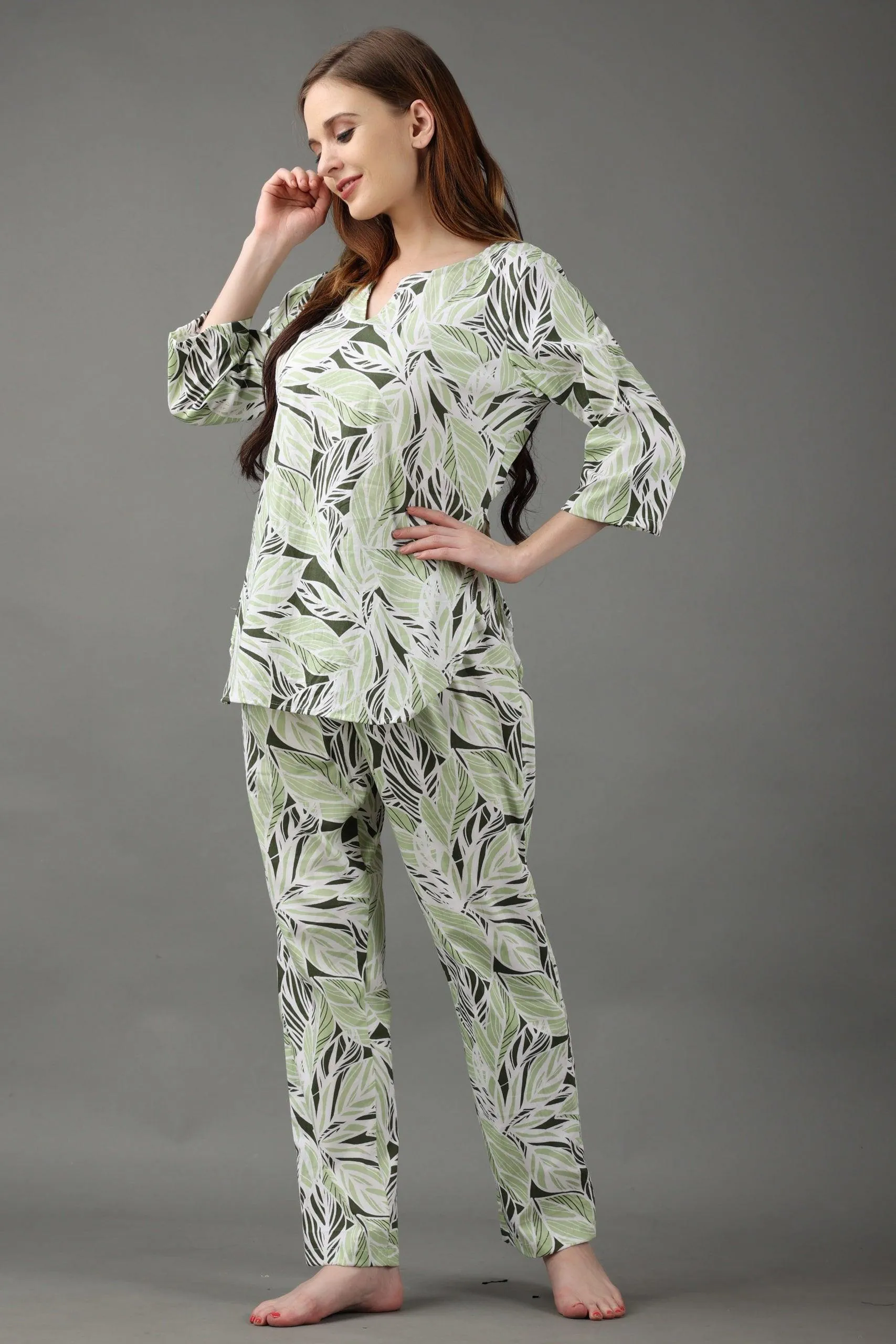 Green & Black Leaves Printed Night Suit Set