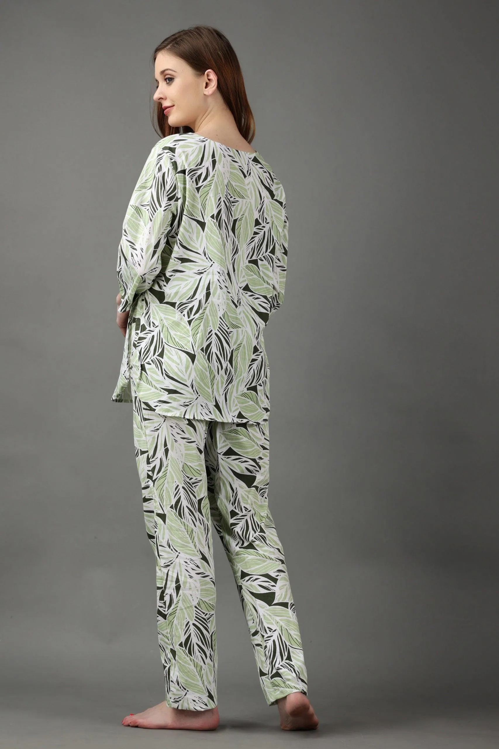 Green & Black Leaves Printed Night Suit Set