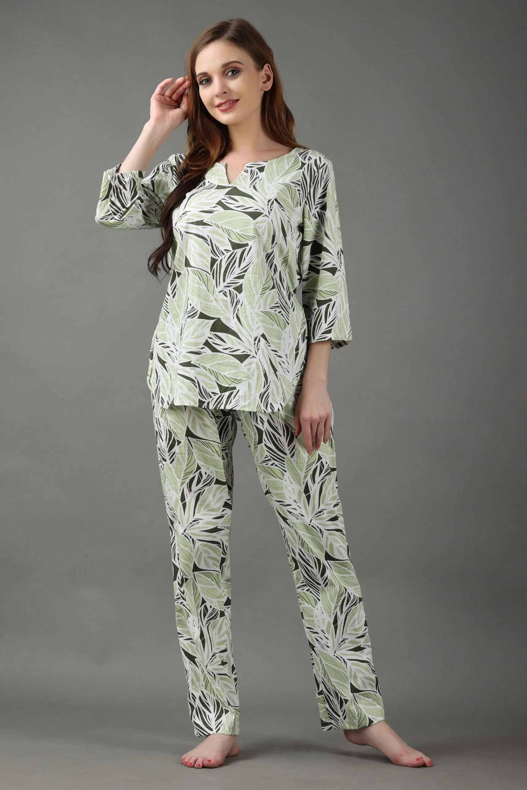 Green & Black Leaves Printed Night Suit Set