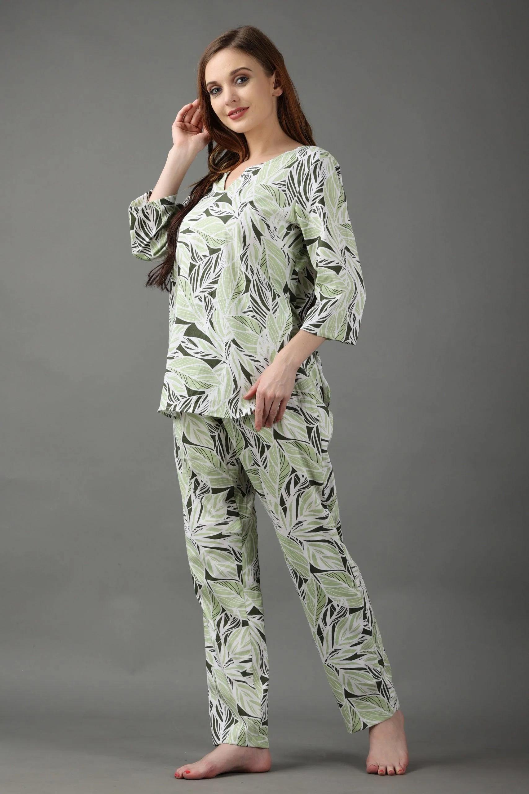 Green & Black Leaves Printed Night Suit Set